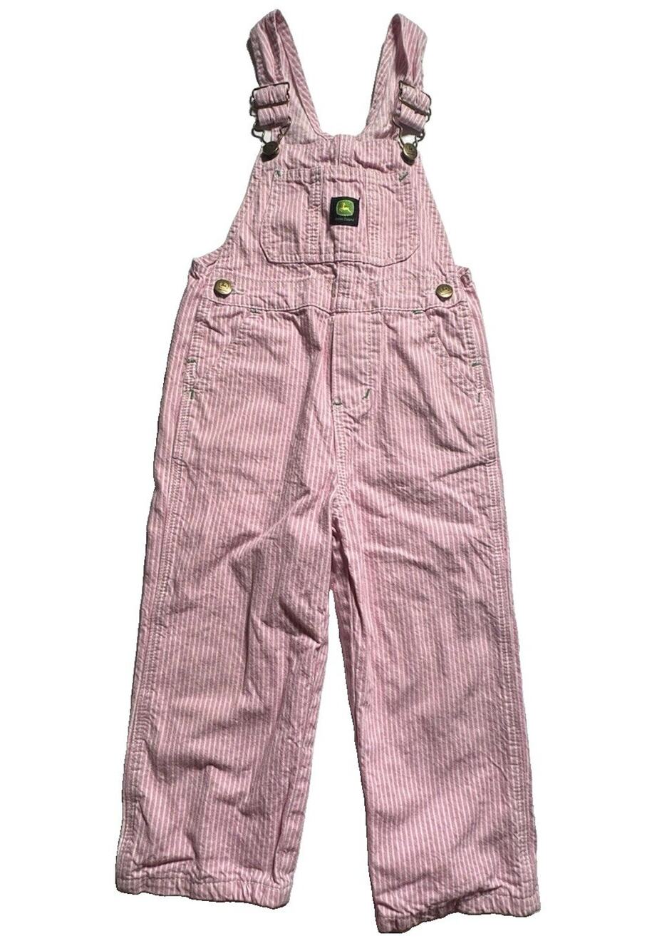 John Deere Girls 4T Pink White Striped Bib Overalls Adjustable Cotton